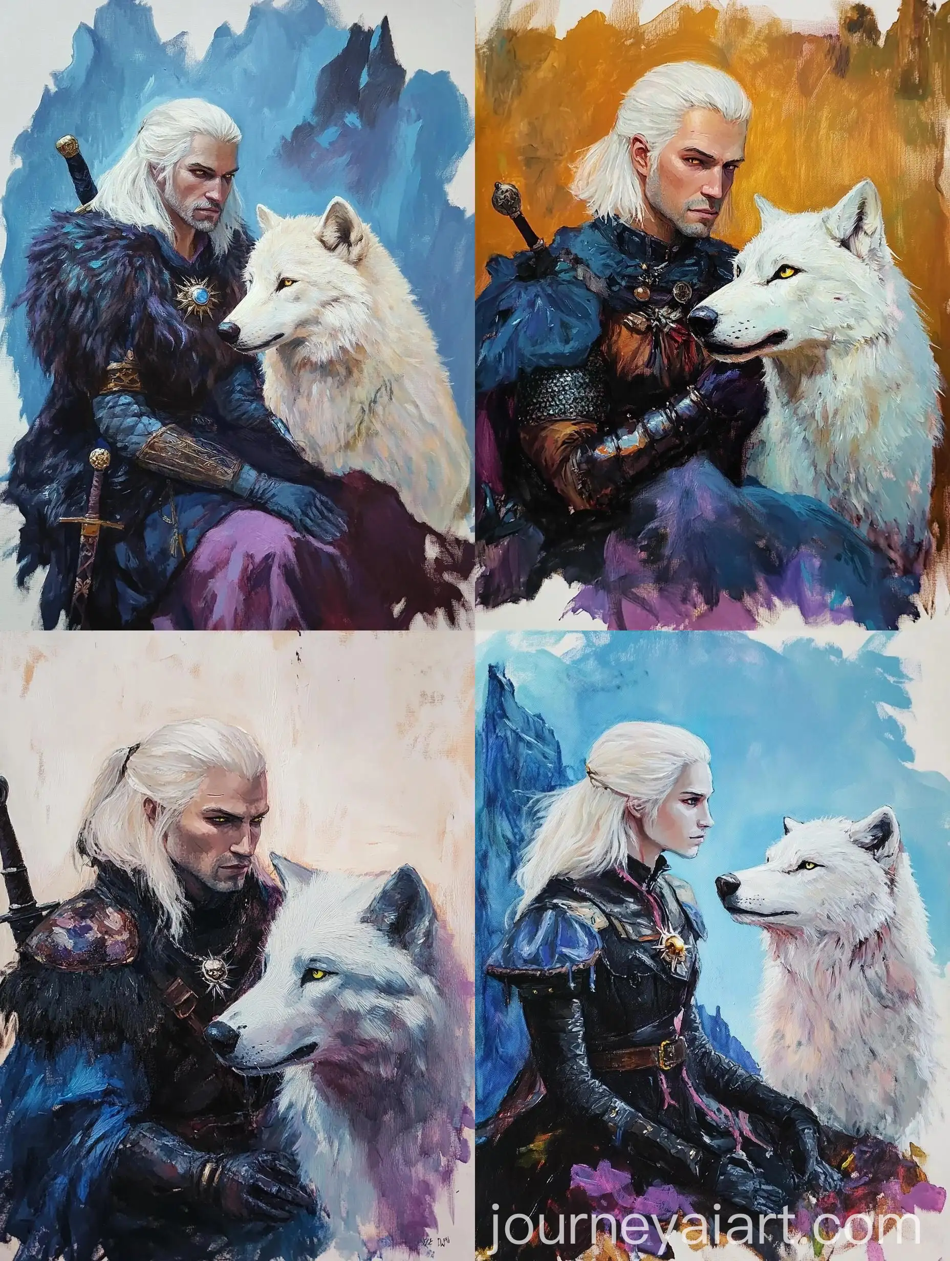 Oil-Painting-of-Witcher-Posing-with-Bright-White-Wolf