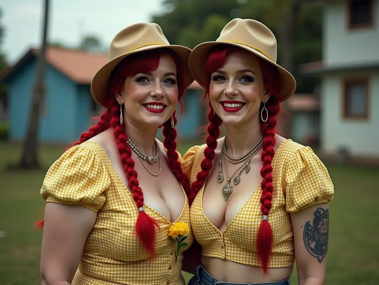 Two white, plump pin-up girls 70 years old with red braids wear a yellow and blue checkered low-cut blouse, with a light laugh on their lips, tattoos, golden top hat, red lipstick emphasizes their smile, modern jewelry, black skin, and a carnation in their hand, in a park with many houses in Brazil Cyberpunk 8k quality