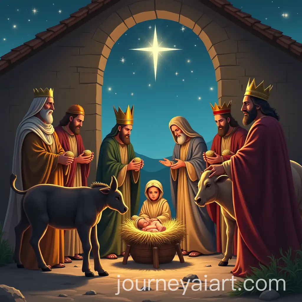 Arrival-of-the-Three-Kings-at-the-Portal-of-Bethlehem-with-Virgin-Mary-Saint-Joseph-Mule-and-Ox