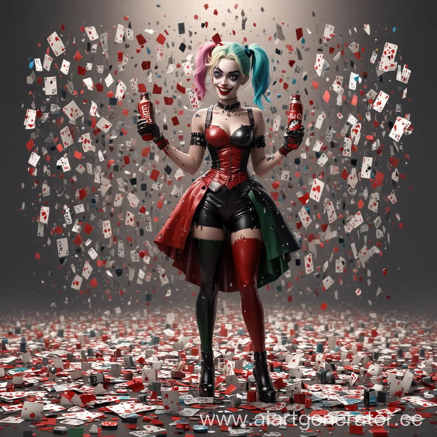 Colorful-Cartoon-Joker-and-Harley-Quinn-with-Bottles-and-Scattered-Cards