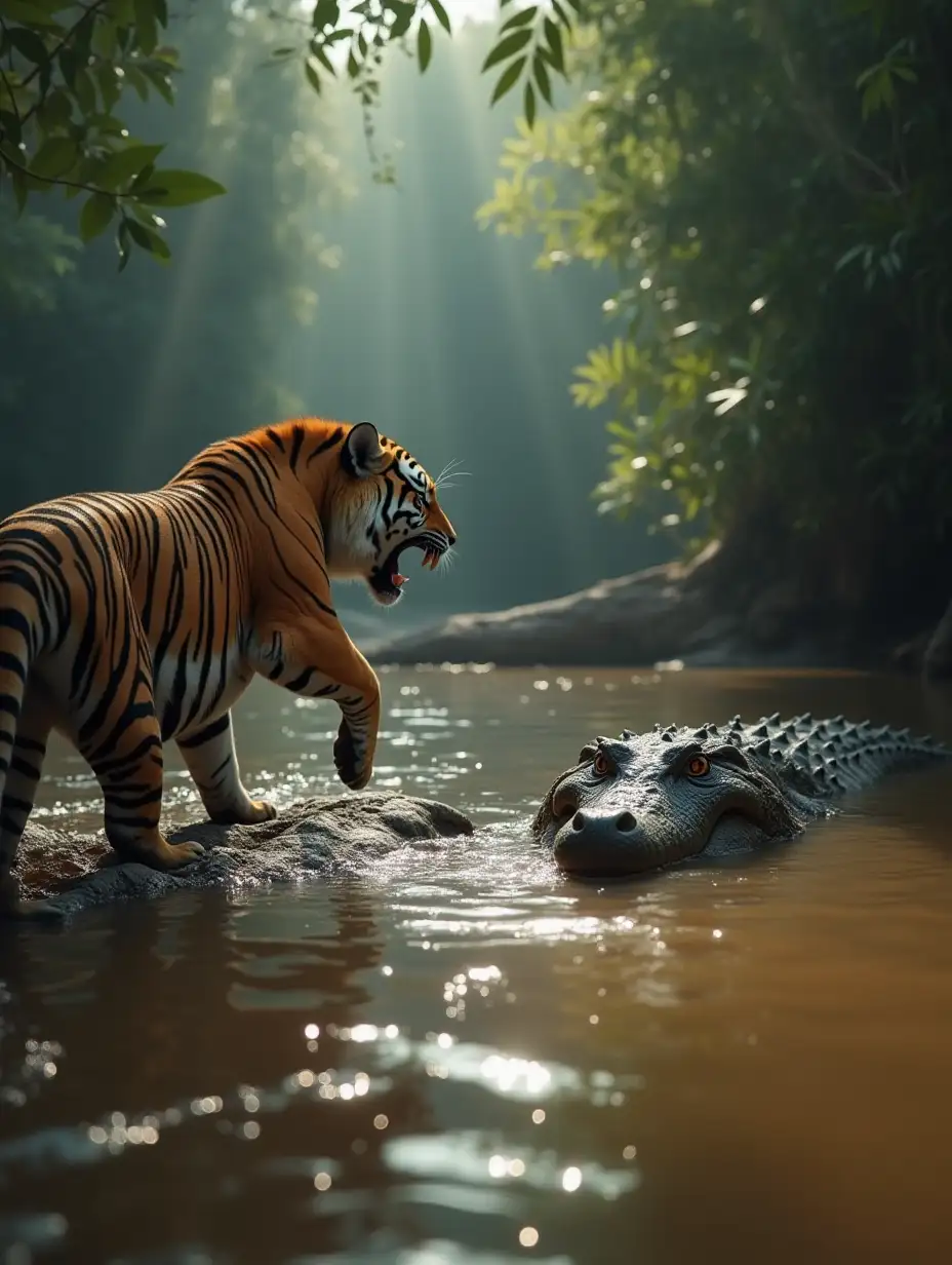 A fierce Bengal tiger stands on the edge of a muddy riverbank, growling at a massive crocodile submerged in the water, only its eyes and snout visible. The scene is tense, with ripples in the water and the dense jungle behind them. The atmosphere is humid, with rays of sunlight piercing through the canopy, creating dramatic shadows. Hyper-realistic detail.