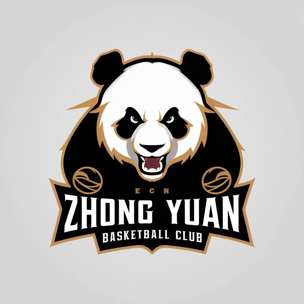 a vector logo design,with the text "Zhong yuan panda basketball club", main symbol:fierce/violent/ferocious panda,complex,clear background