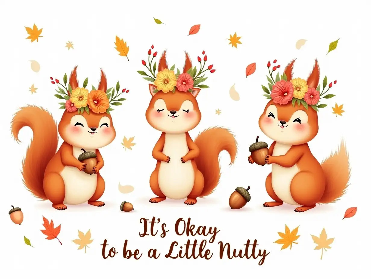 Vector, Watercolor, seamless design, 64k. Three playful squirrel wearing a vibrant floral crown, holding an acorn in its paws. The squirrel is surrounded by falling autumn leaves and scattered acorns. The overall style is whimsical and detailed, with a focus on the charm of the animal and the beauty of the season. featuring the word 'It's Okay to be a Little Nutty' in bold.