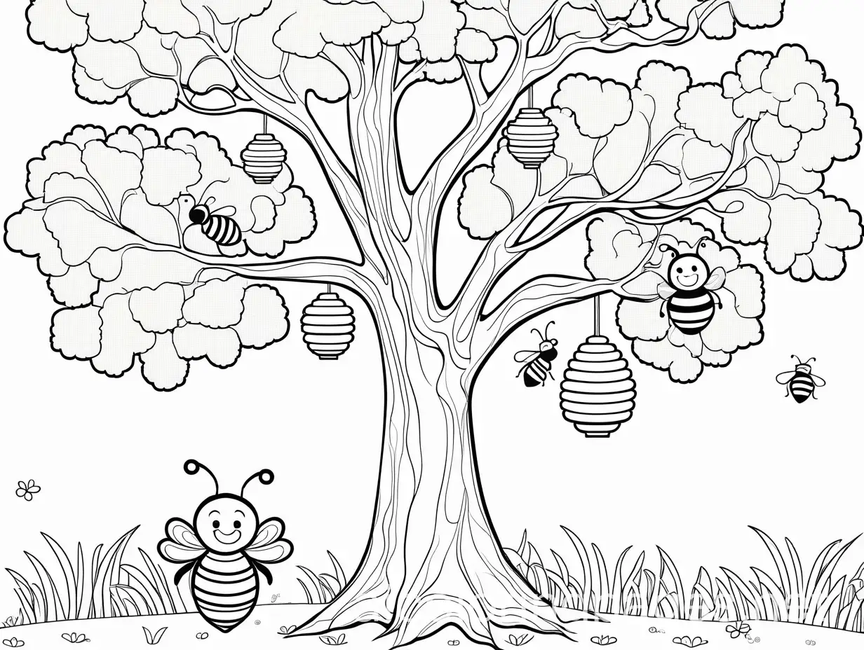 Park, tree, 1 bee hive attached to tree, kids coloring book, Coloring Page, black and white, line art, white background, Simplicity, Ample White Space. The background of the coloring page is plain white to make it easy for young children to color within the lines. The outlines of all the subjects are easy to distinguish, making it simple for kids to color without too much difficulty