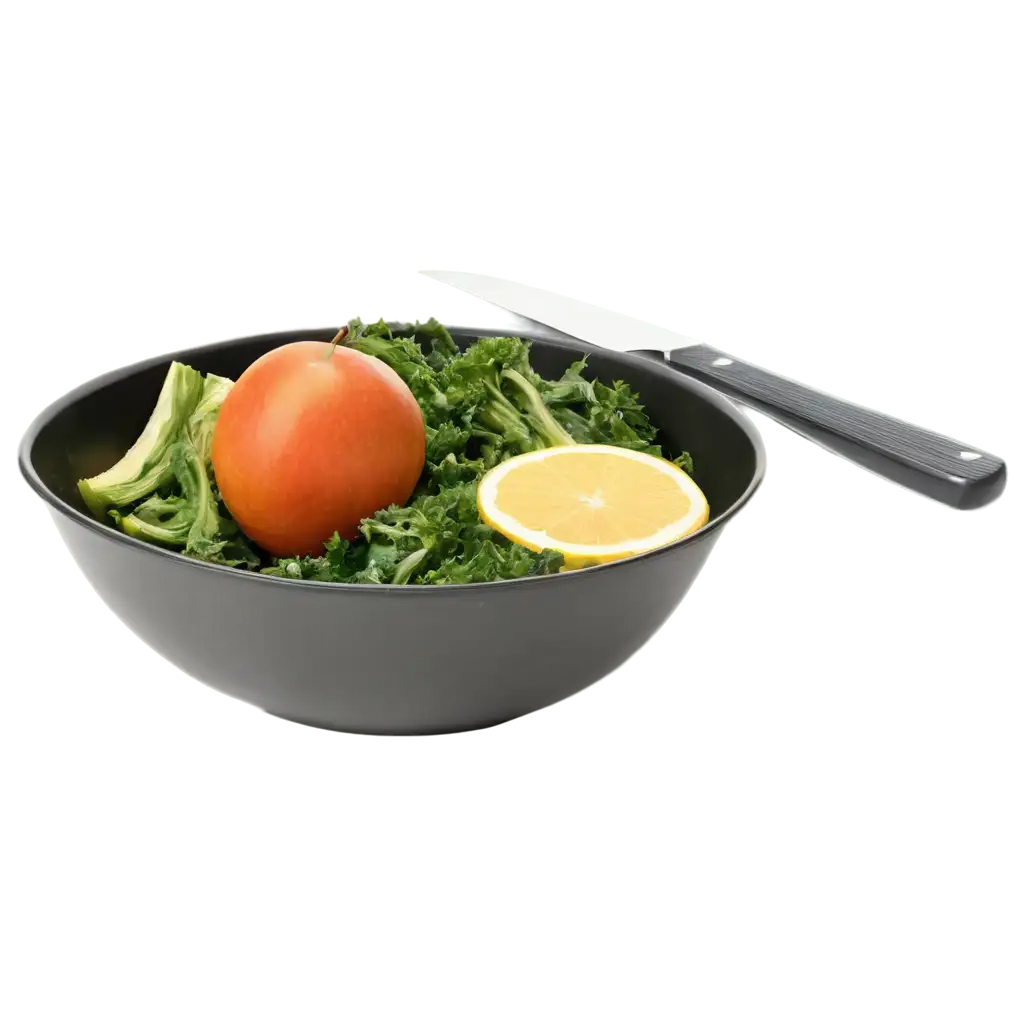 Fresh-Vegetables-and-Fruits-in-a-Bowl-with-Knife-on-Kitchen-Table-PNG-Image