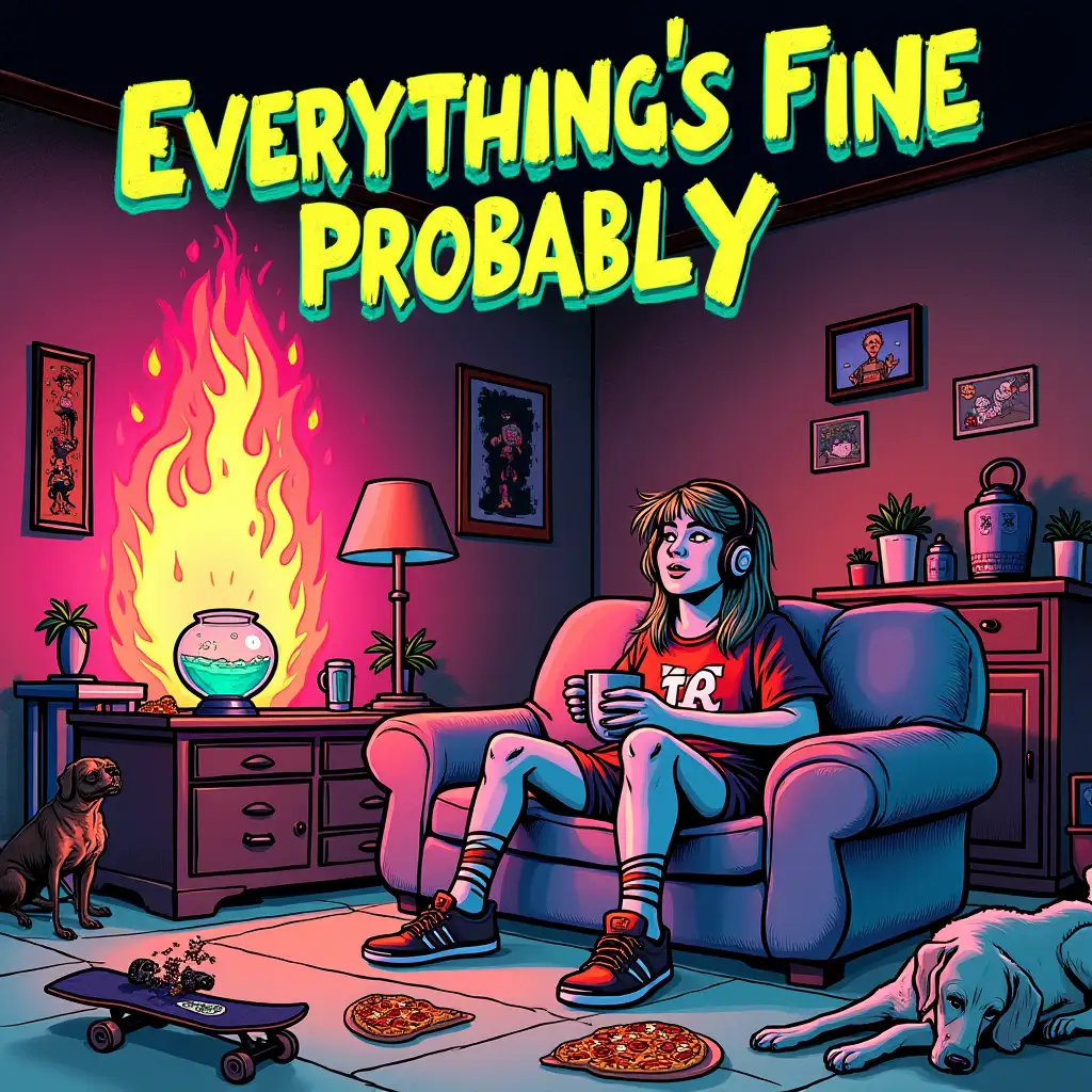 A quirky, humorous album cover for a pop-punk album titled 'Everything’s Fine (Probably).' The scene shows a cartoonishly exaggerated chaotic setting: a suburban living room on fire, but in a comically non-threatening way, with flames glowing neon pink and orange. In the foreground, a character (gender-neutral) sits calmly on a couch, wearing headphones and holding a cup of coffee, completely unfazed. Around them, absurd details like a fishbowl tipped over, a skateboard crashing into a lamp, and a dog casually eating pizza add to the humor. The text 'Everything’s Fine (Probably)' is written in bold, playful font, slightly tilted, with a distressed texture. The overall color scheme is vibrant and saturated, with a mix of punk aesthetics—hot pink, lime green, and electric blue. The tone is fun, chaotic, and self-aware, like everything is falling apart, but it's okay.