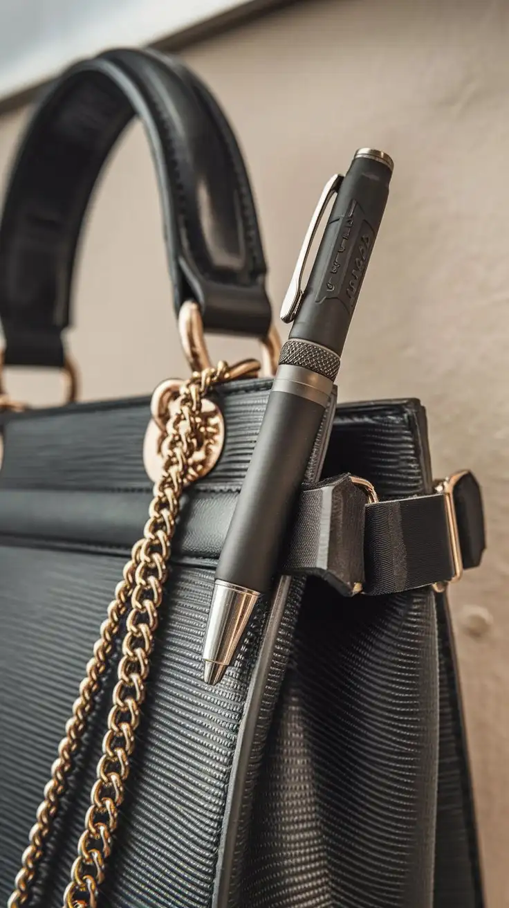 Fashionable Handbag with Clipped Tactical Pen