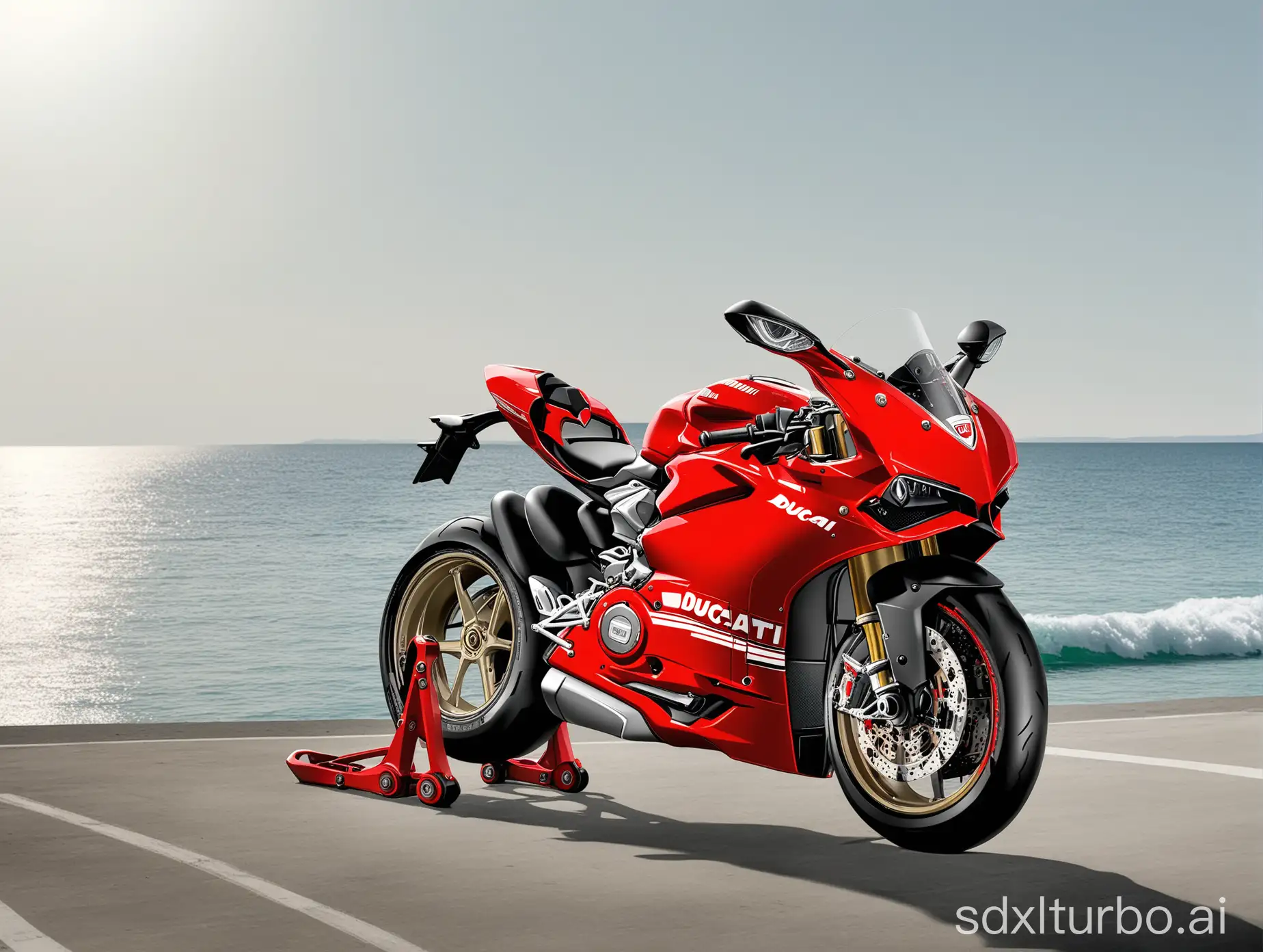 There is a motorcycle by the sea and the motorcycle is Ducati Panigale V4 R.