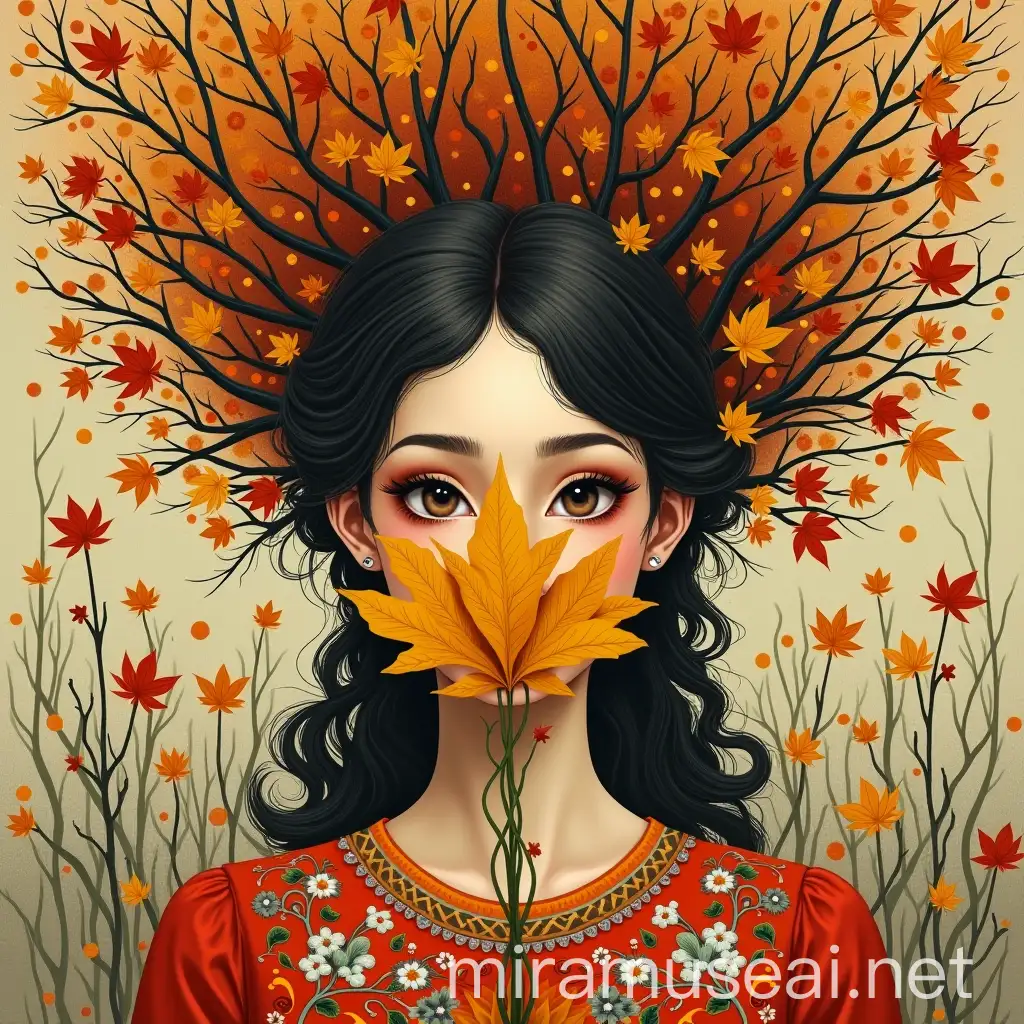 Mysterious Woman with Autumn Leaf Hair and Yellow Bouquet