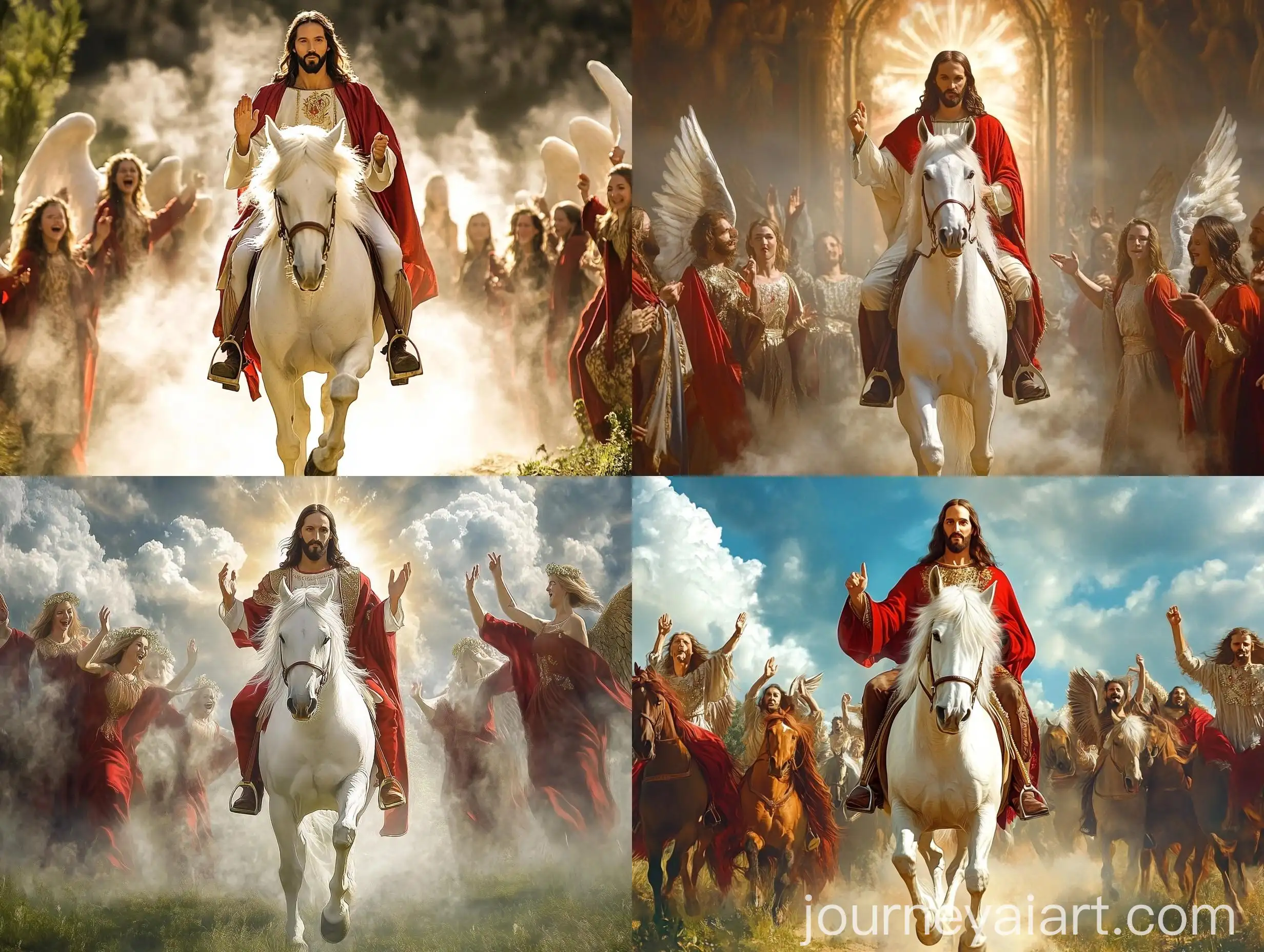 Jesus-Christ-Riding-White-Horse-with-Angels-in-Heavenly-Scene