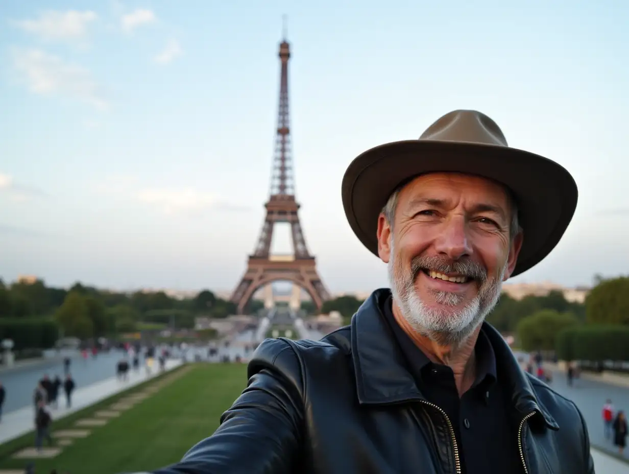 mature man do selfy on background eiffel towers