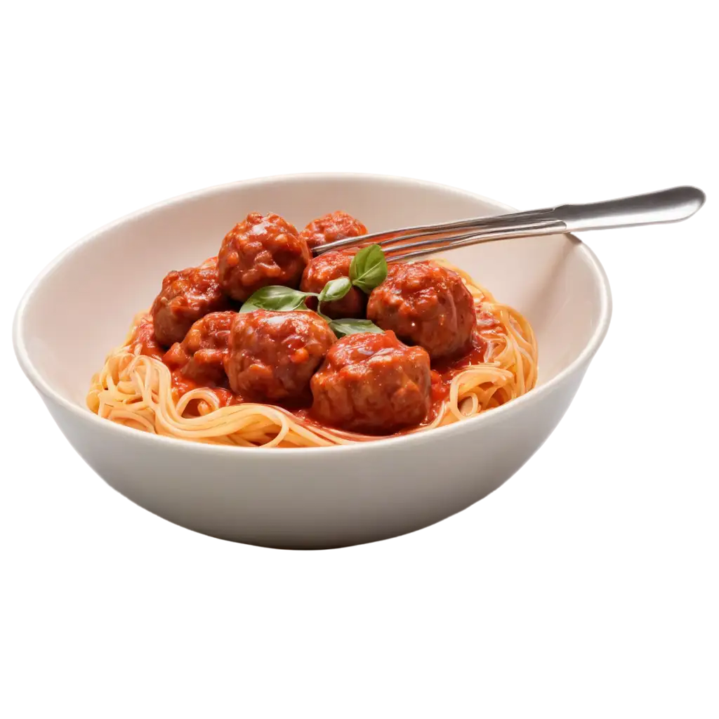 Spaghetti with meatballs and tomato sauce in bowl closeup shot isolated on a transparent background