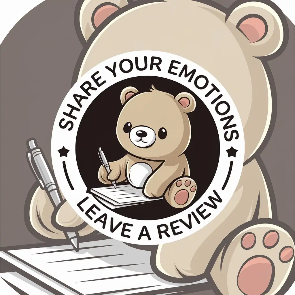 LOGO-Design-For-Plush-Bear-Reviews-Cute-Bear-Writing-with-Paper-and-Pen-on-Moderate-Background