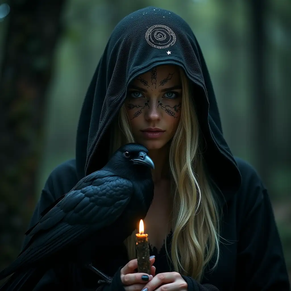 An ethereal portrait of Fidelma merging with the natural world— she is hooded, her eyes are hidden, her eyes are covered, her face is shrouded in darkness, her blonde hair becoming rivers, her face has tattooed symbols, her face is intimidating yet beautiful, Dark and shadowy, her cloak blending with forest and stars. A crow or raven perched nearby. Symbols of Celtic knots, triple spirals, and ancient glyphs flow around her. Otherworldly, archetypal, spiritual. Dark, mystical, and mysterious atmosphere. Dark candlelit. Dark shadowy night.