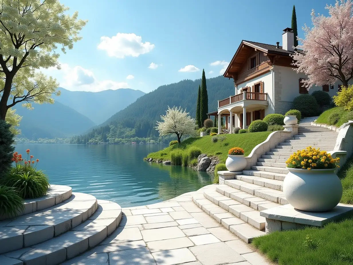 Luxury-White-Stone-Chalet-Overlooking-Blooming-Lake-with-Apple-Trees