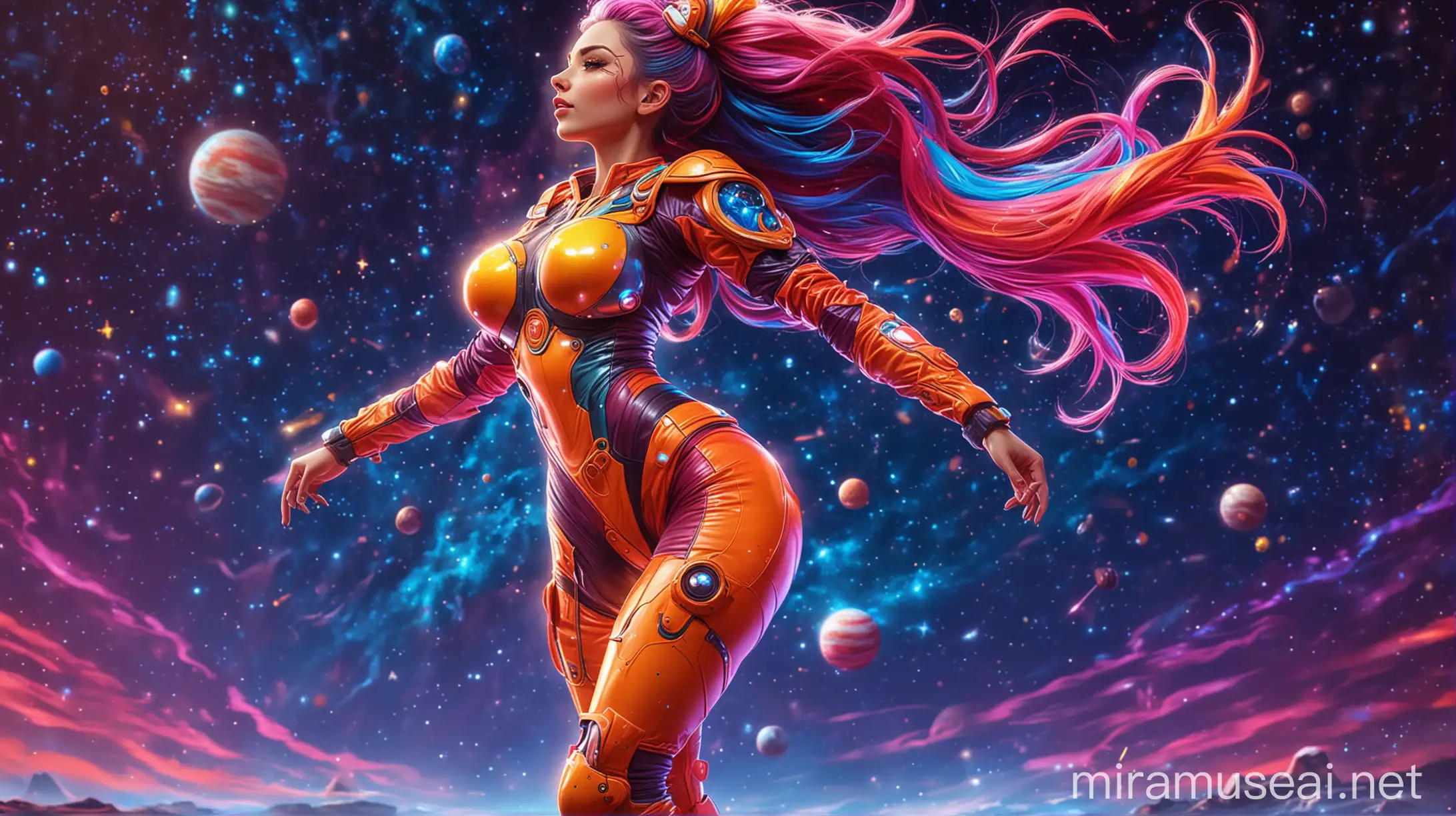 Vibrant Dance of a Futuristic Woman Under a Colorful Night Sky