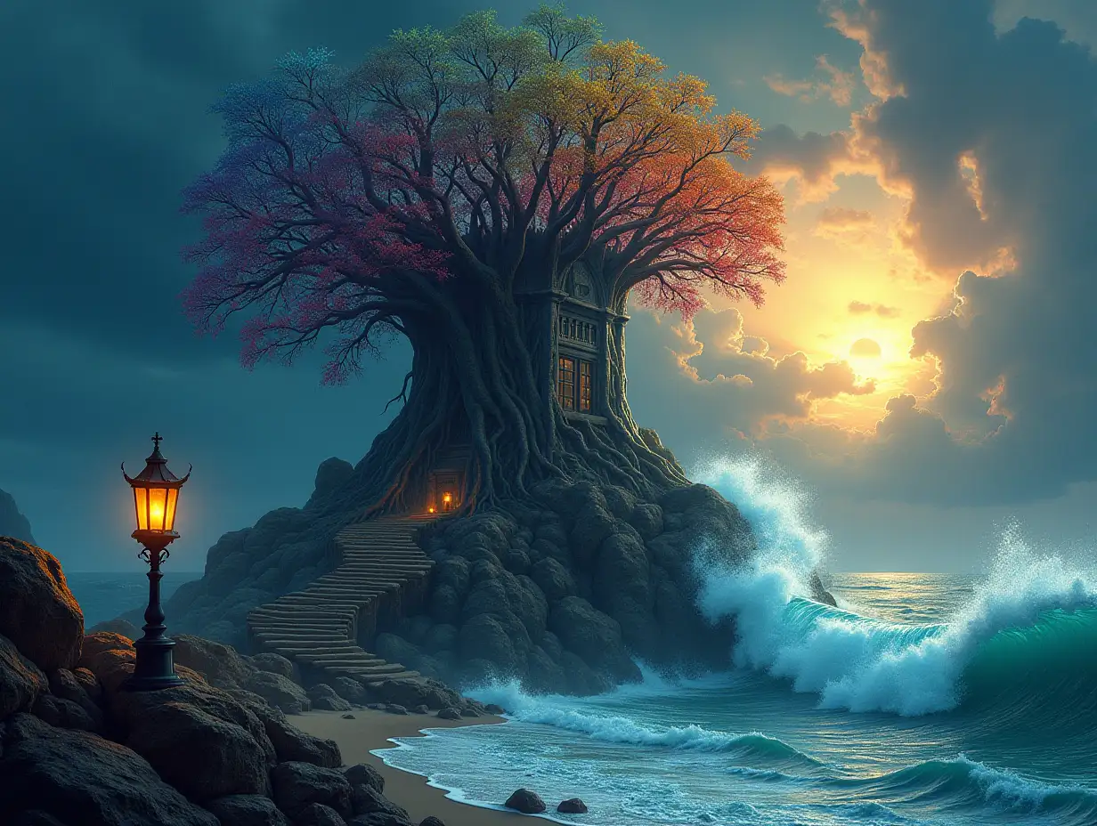 In creating a digital painting, a face with rainbow root hair transforms into a building with stones and lighting. Trees with roots and rocks and lantern at the sea, with big clock tower.with a tall tower to the sky Lanterns and a very large Kraken and the sun shines through the clouds,from sea is a stairway to heaven Very big waves and strange lightning