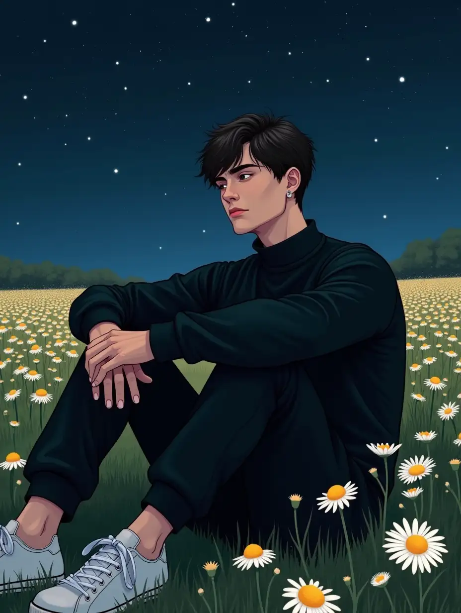 Draw a very realistic picture. Chamomile field night stars everything is beautiful. On the field sits a 15 year old guy. He is very handsome. He has a short beautiful haircut. Olive eyes and long black eyelashes. A very beautiful face. He is muscular he has a beautiful body. He is dressed very stylishly. A black turtleneck that hugs his body. Black sweatpants and white sneakers. He sits relaxed and looks into the distance. He has a serious face but in his eyes you can see thoughtfulness and melancholy. He does not have an earring