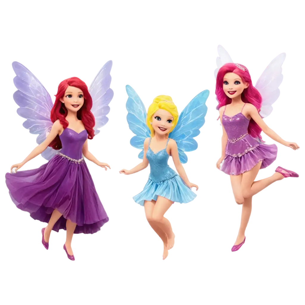 generate me 4 fairies with glowing wings , one with purple hair and pink dress looking to the right, one with Magenta hair and purple dress standing, one with red hair and yellow dress siting, one with yellow hair and blue dress flying