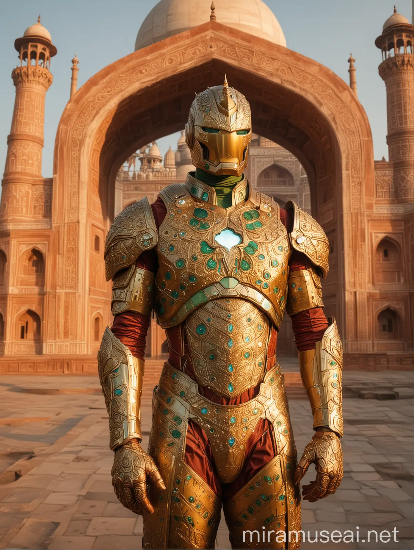 Ironman Suit Inspired by Peacock Designs in Front of Taj Mahal Sunrise Scene