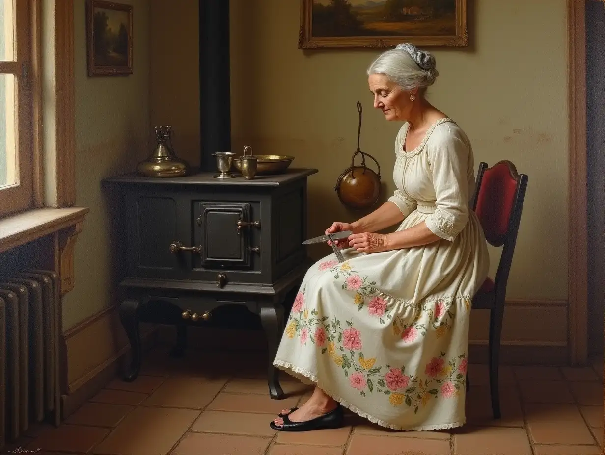 Oil on canvas, woman in a cotton dress, working in a kitchen, 1800 century style, old woman sitting on a chair, flower dress, old stove in the corner