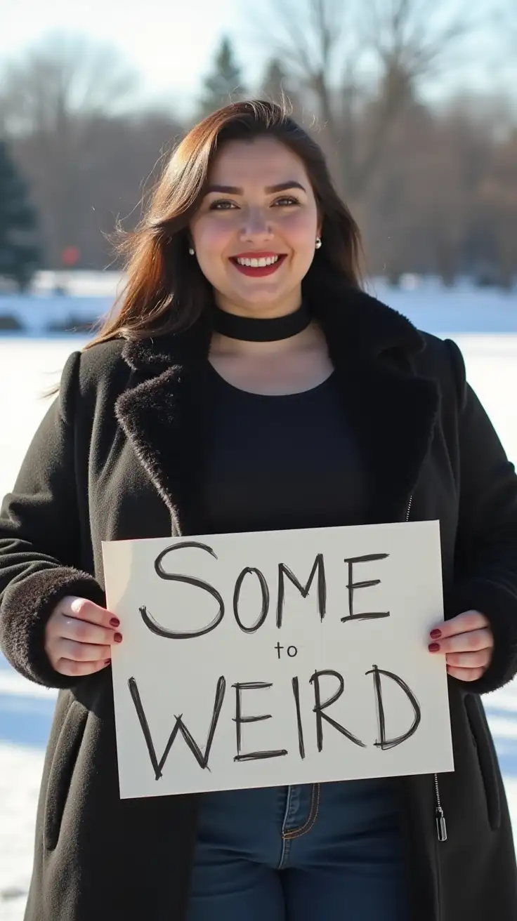 Decent corpulent woman holding a sign with a some weird text, standing by a frozen lake, cold winter day in the city park, sunny day, narrow tight black latex choker, subtle round earrings, subtly smiling at the viewer