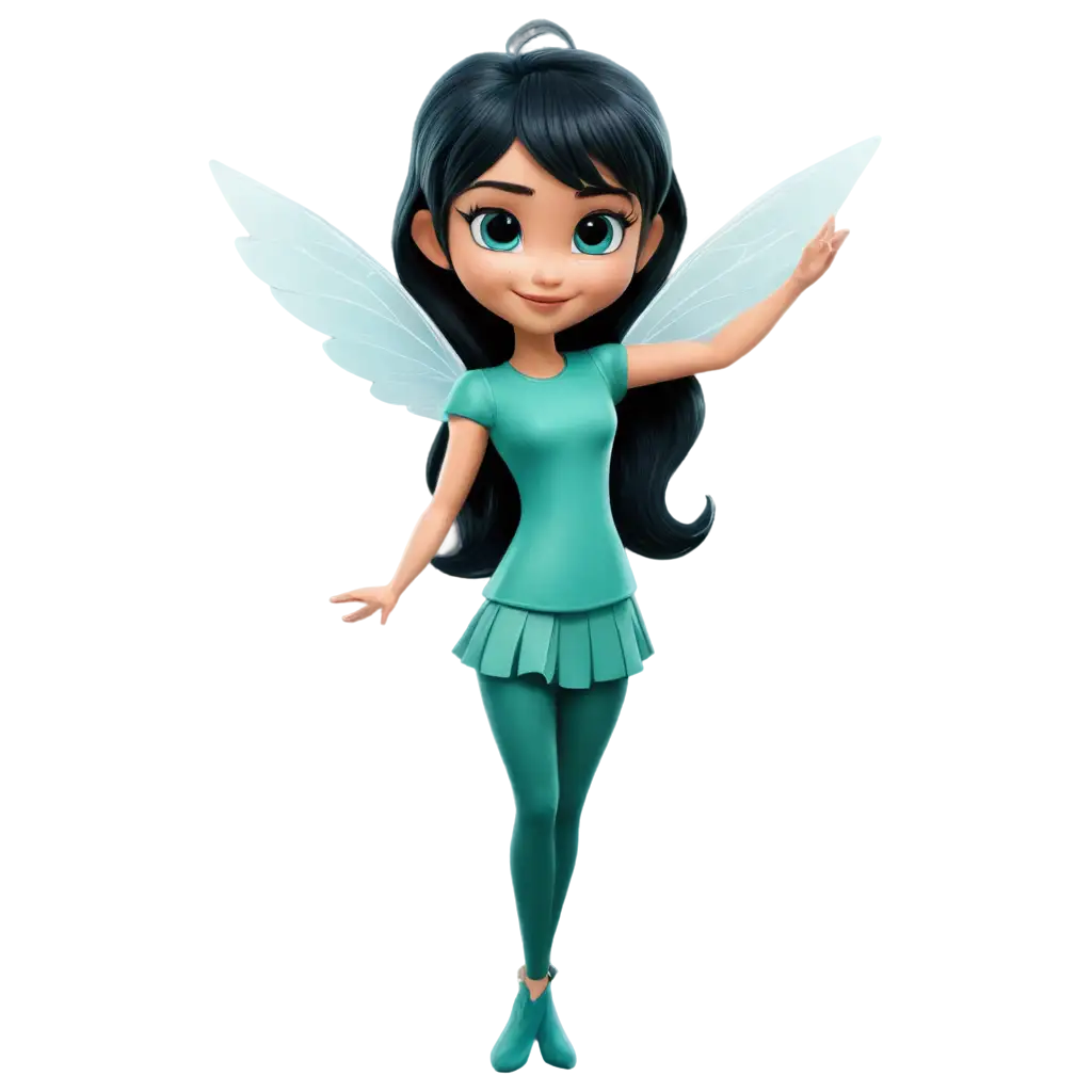 A cartoon pixie with black hair AND TEAL GREEN OUTFIT