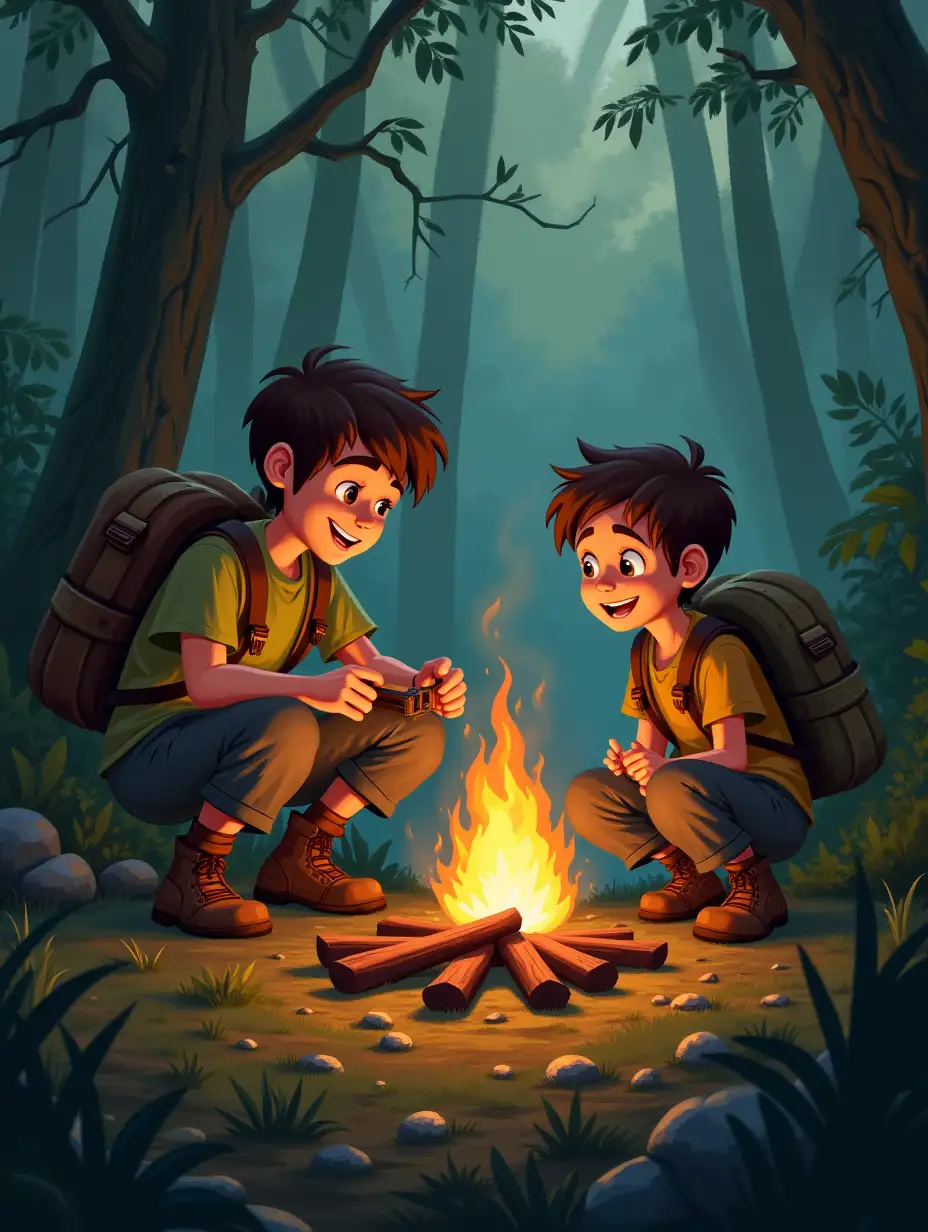 Sam teaching Max how to build a shelter, start a fire, and navigate through the jungle.