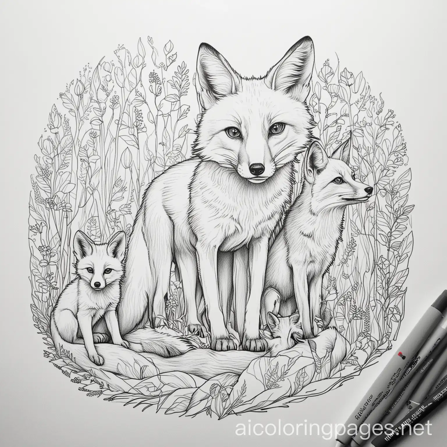 Mother-Fox-with-Cubs-Coloring-Page