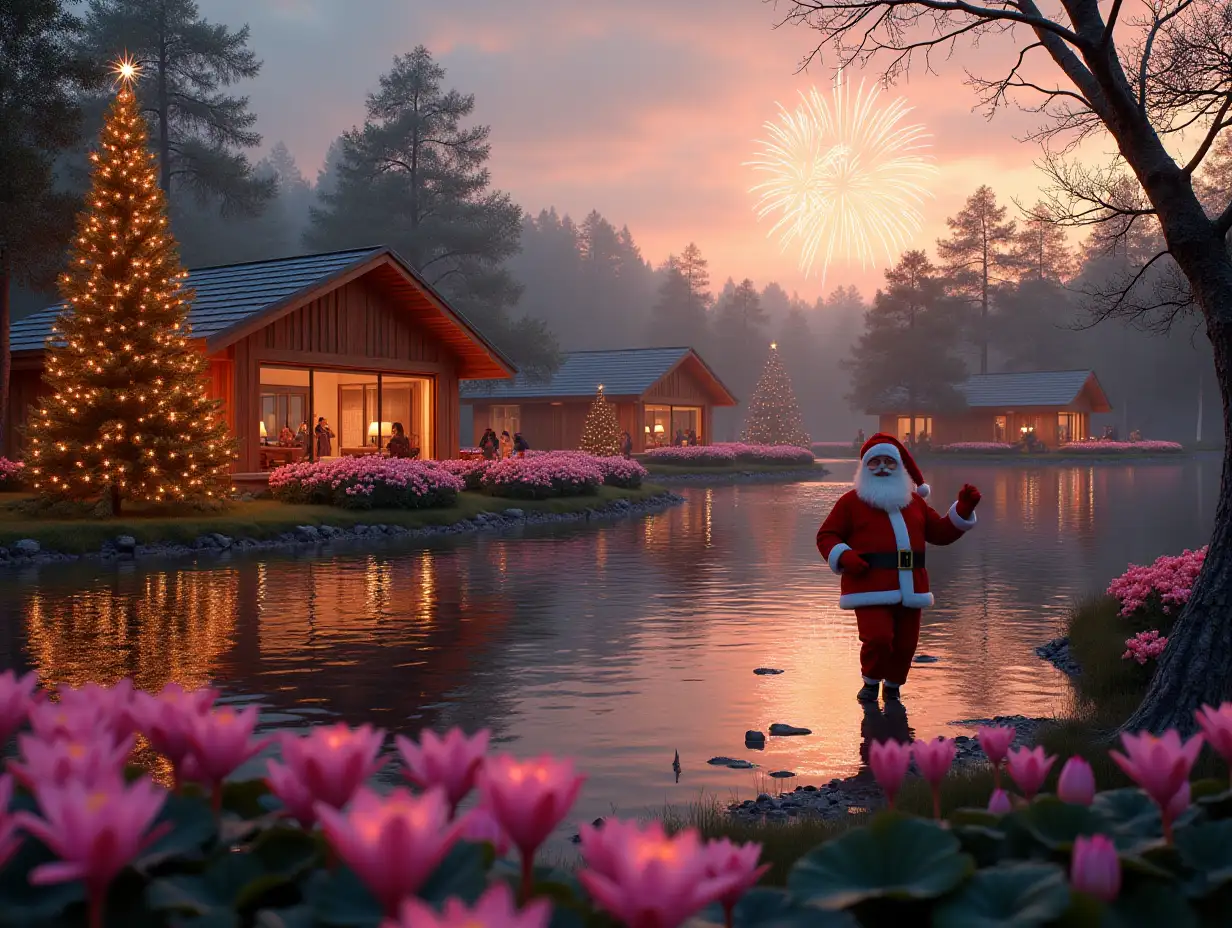 in the foreground, joyful guys and girls and children near the New Year's tree, next to which a Cheerful and smiling Santa Claus is dancing, and behind them in the background is the shore of a huge eco-pond with a lot of pink water lilies, and on the other side of this pond, cheerful people of different ages are walking along the shore, and also on the other side there are 3 small single-storey chalet houses, these houses have the appearance of a single-storey chalet with a gable tiled roof, each roof slope is smooth, without bends, These chalet houses are built from a system of wooden beams consisting only of vertical wooden beams, and only in the half-timbered style. Between the glass beams, in the glass walls, there are panoramic windows in all the walls from the floor to the roof, that is, each wall is a panoramic window, on the other bank there are trees among the houses, on which bright garlands shine. at sunset and in the reflections of sunset light, there are flashes of fireworks in the sky, the foreground is in focus, and the background is blurred, executed in a realistic style