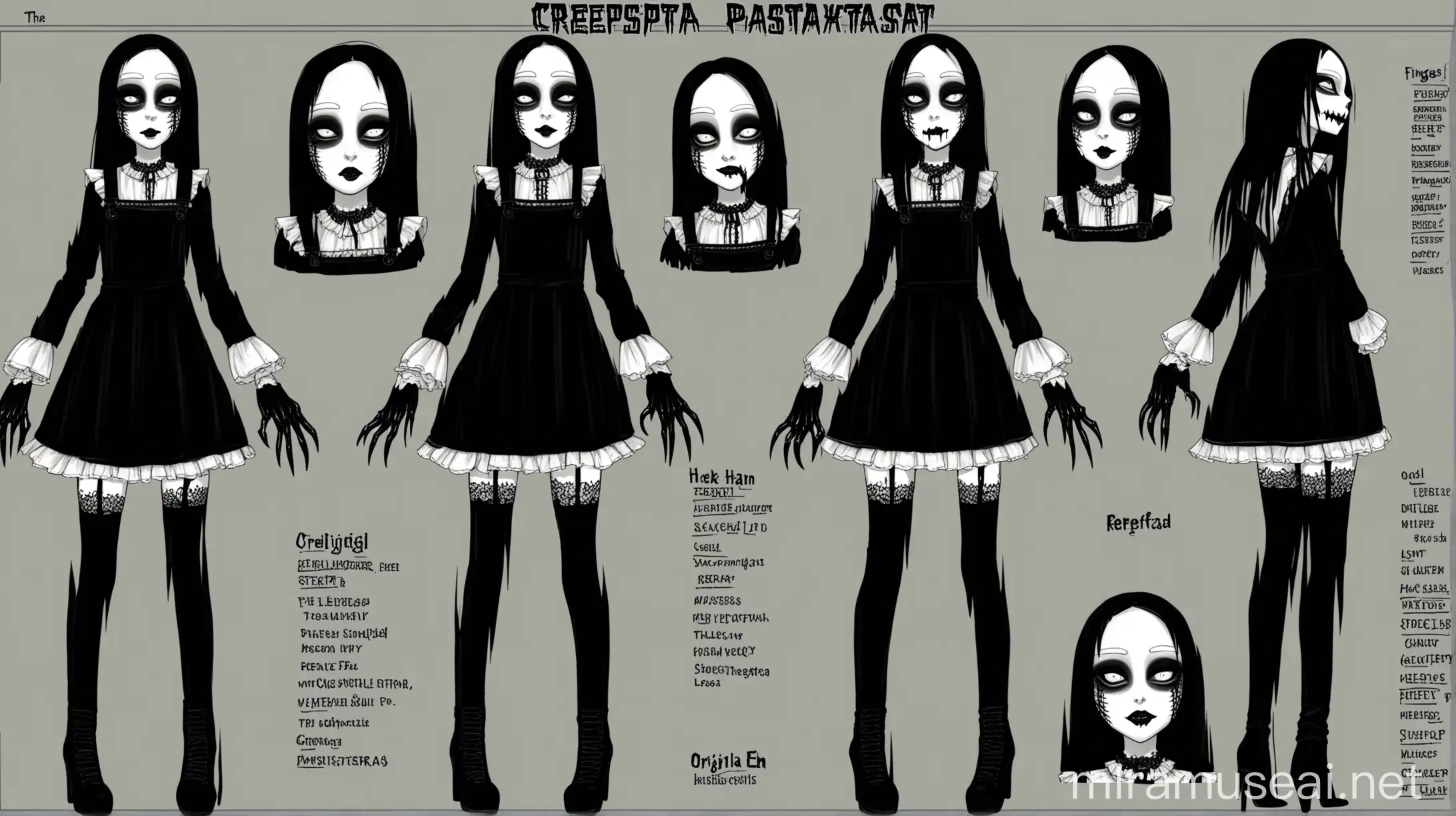 Creepypasta Original Character Reference Sheet Gothic Female with Black Hair and Claws