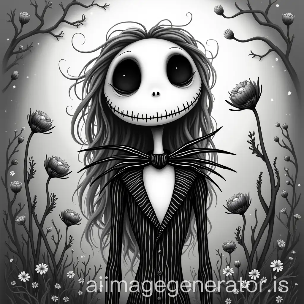 Tim-BurtonInspired-Black-and-White-Character-Surrounded-by-Vegetation