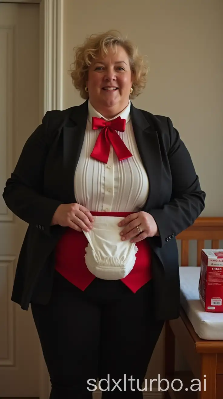 Smiling-Woman-in-Tuxedo-Preparing-Diaper-Change-in-a-Nursery