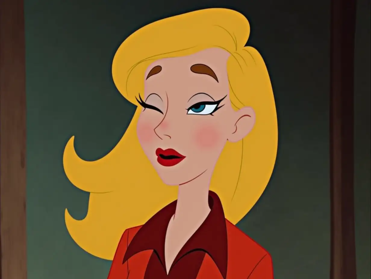 A picture with a Disney appearance, of a very attractive blonde professor, with one eye more closed than the other