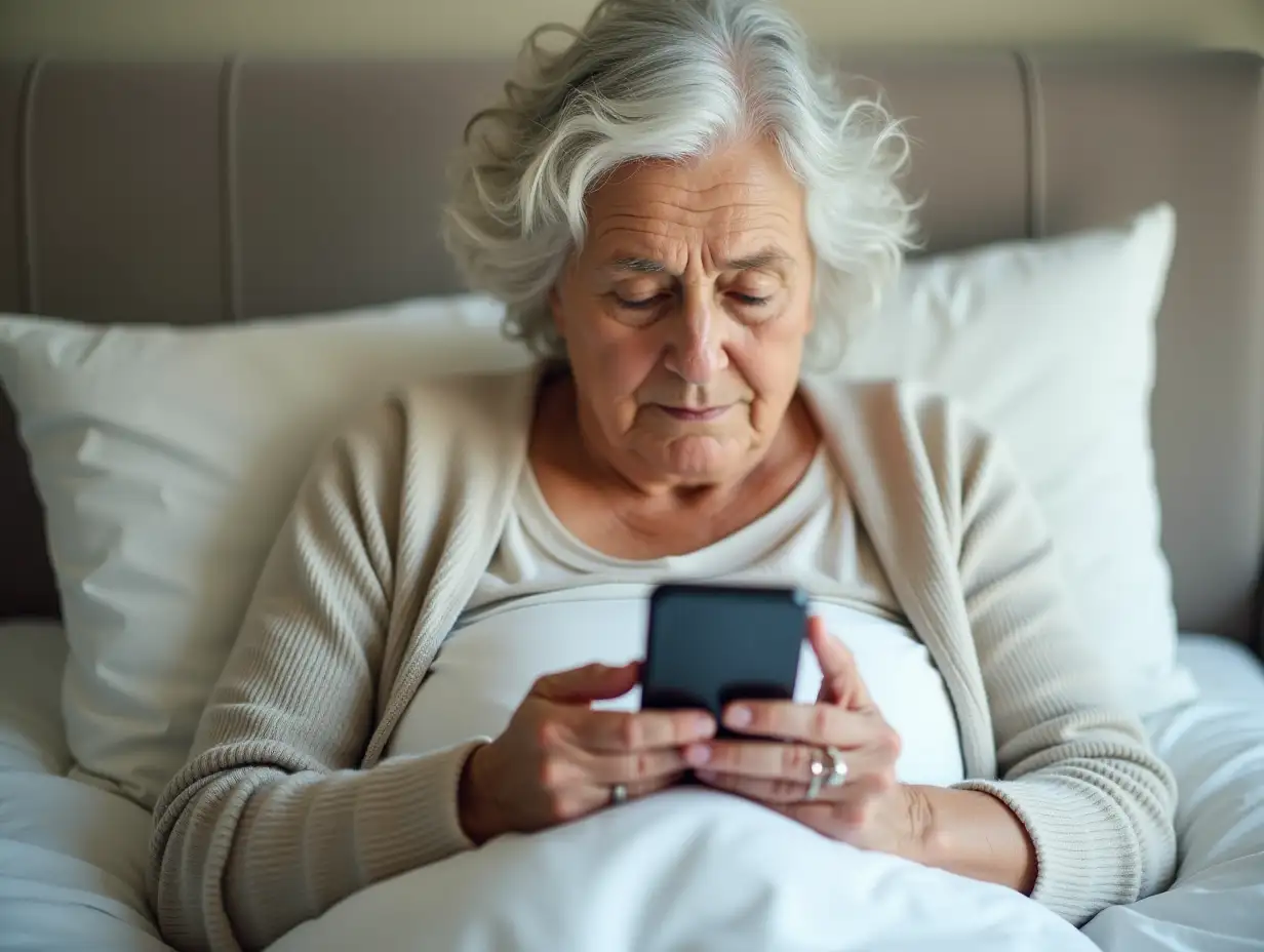 An elderly woman with cancer sitting on bed and showing some information on her smart phone