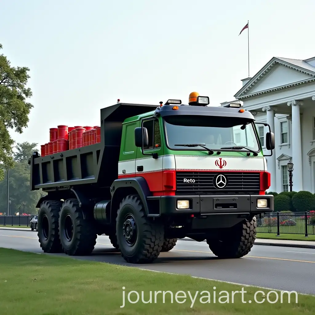 Oversized-ArmorPlated-Dump-Truck-with-Iranian-Flag-and-Explosive-Barrels-in-Front-of-the-White-House