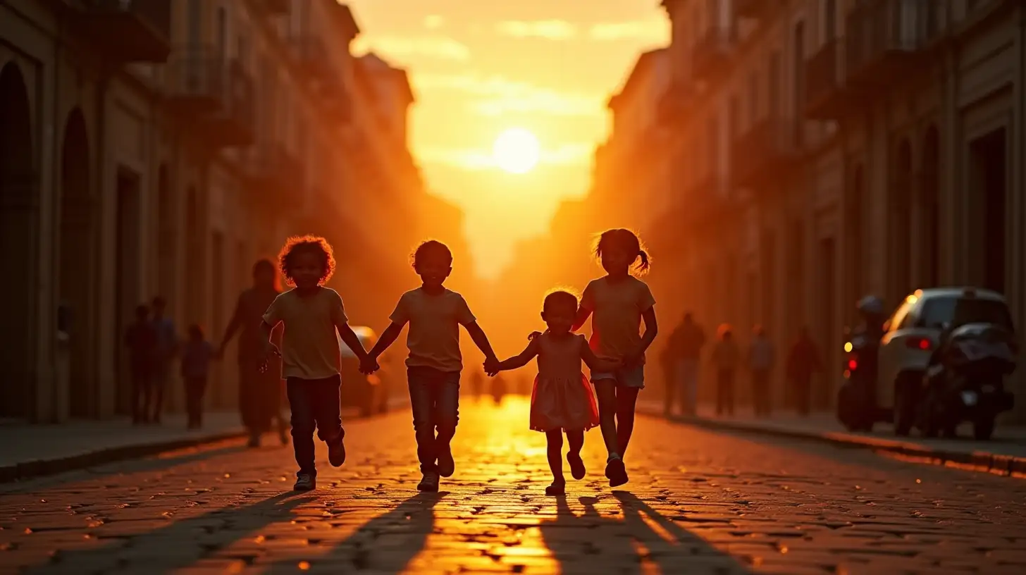 Happy Children Playing in an Old Stone City at Sunset