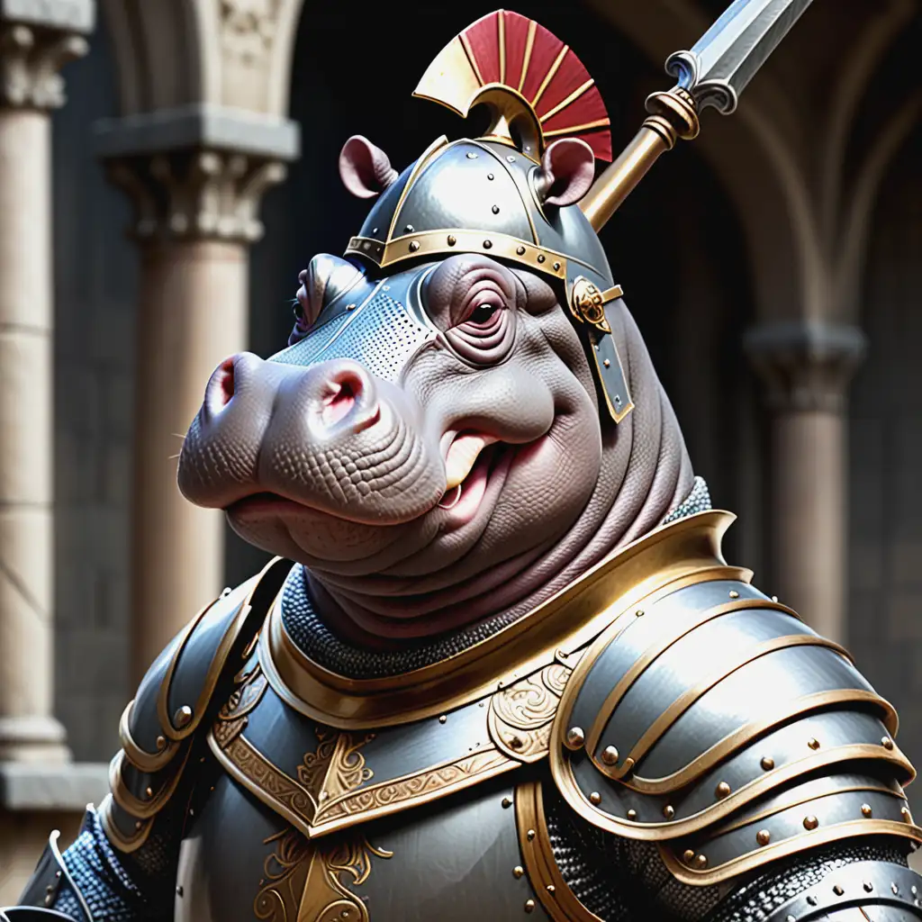 Happy Hippo Knight in Ornate Plate Armor with Plumed Full Helm and Spear