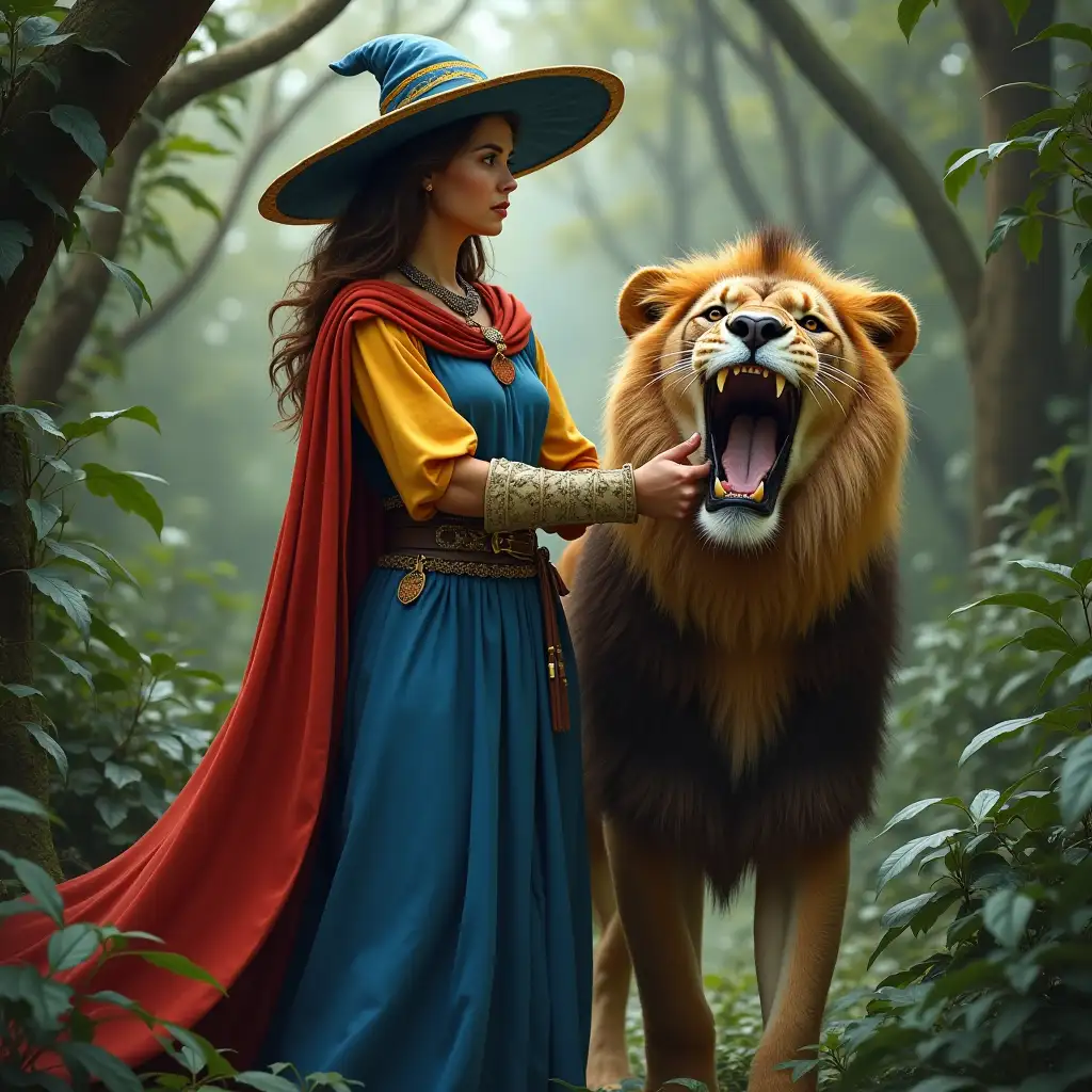 a medieval woman standing in the jungle, wearing a long blue dress with yellow sleeves, she wears a red cape, she wears a wide blue and yellow hat, she has beige power bracelets, she holds open the mouth of a lion