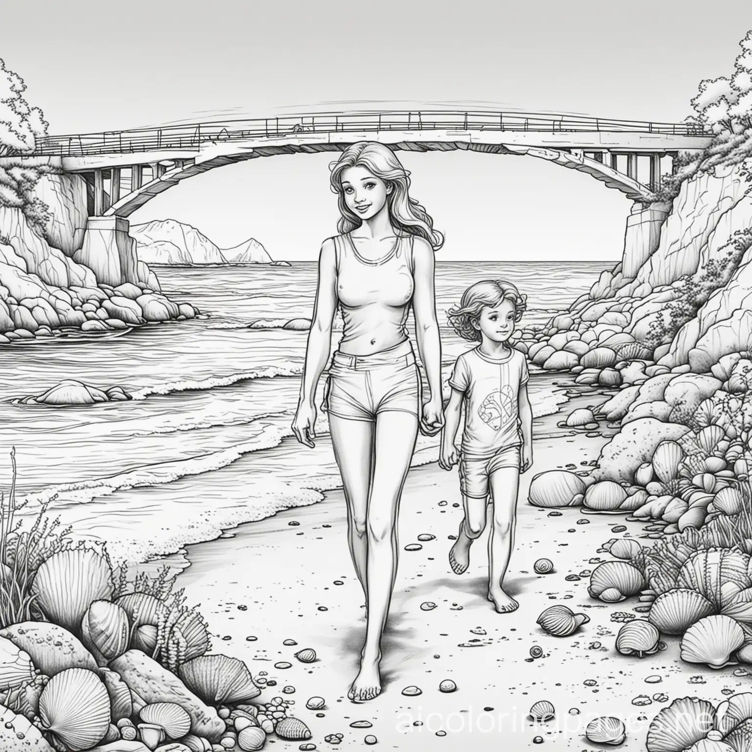 Colorful-Cartoon-Couple-Collecting-Sea-Shells-on-Beach-Bridge