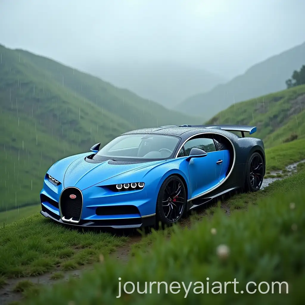 Blue-Bugatti-Chiron-on-Lush-Green-Hillside-with-Light-Rain