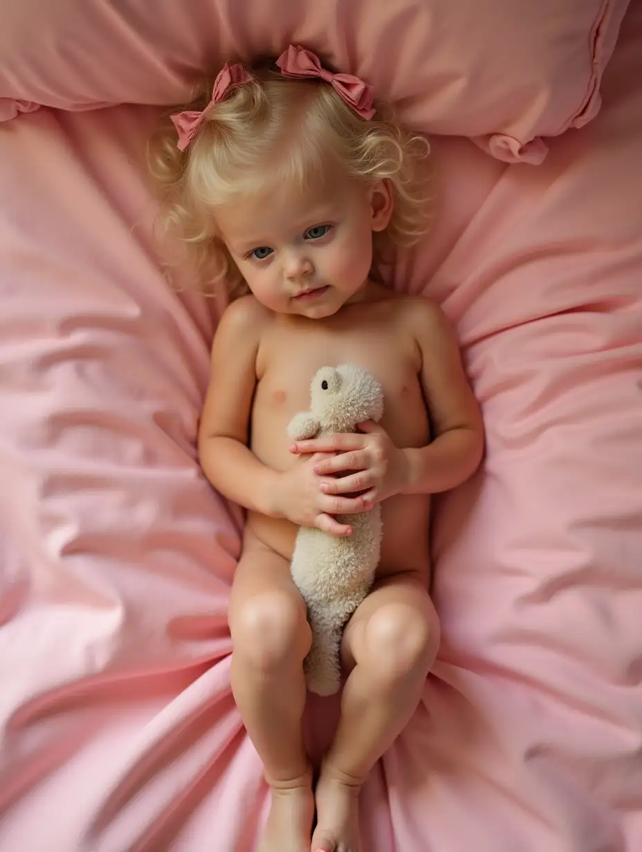 Little-Girl-with-Blonde-Hair-Holding-Stuffed-Animal-on-Pink-Bed