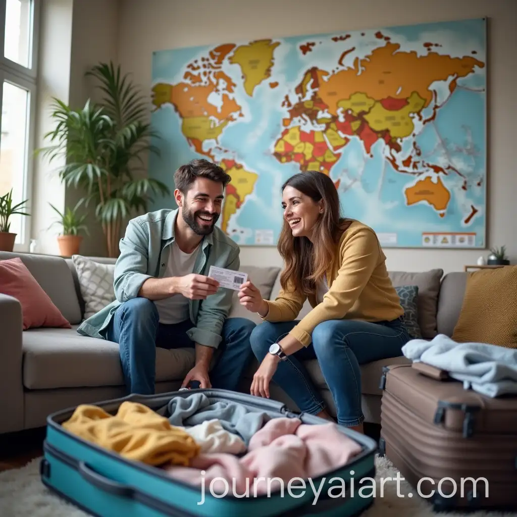 Couple-Preparing-for-a-Trip-in-Modern-Living-Room-with-World-Map-and-Suitcases