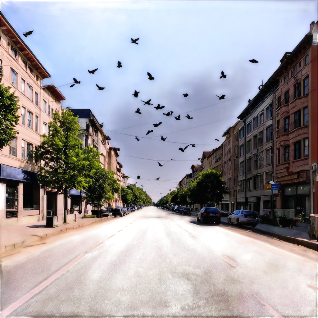 Sunny-Day-City-Street-with-Sky-Birds-and-Car-on-Road-PNG-Image-for-Enhanced-Visual-Appeal