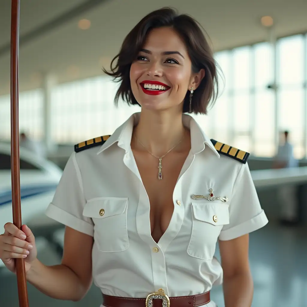 american lady , in white    deep-necked pilot uniform  shirt, decolte, short sleeves, laughing with her mouth open, red lipstick accentuating her smile,belt on waist, big wide hips, chest are fully grown, jewerly,  holds long riding crop,   short hair, HD, airport, photo-realism