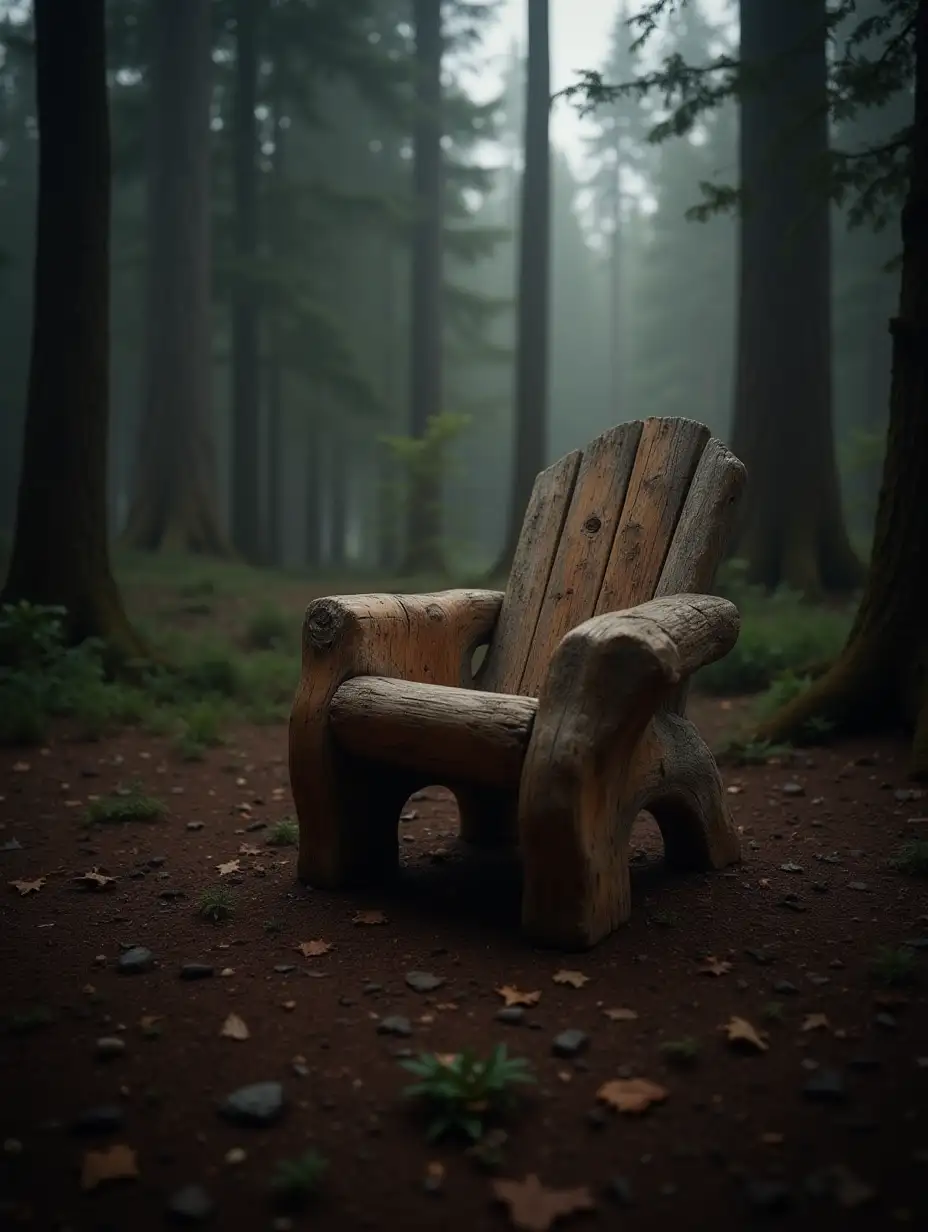 Wooden log like a chair in the forest, cloudy, aesthetic