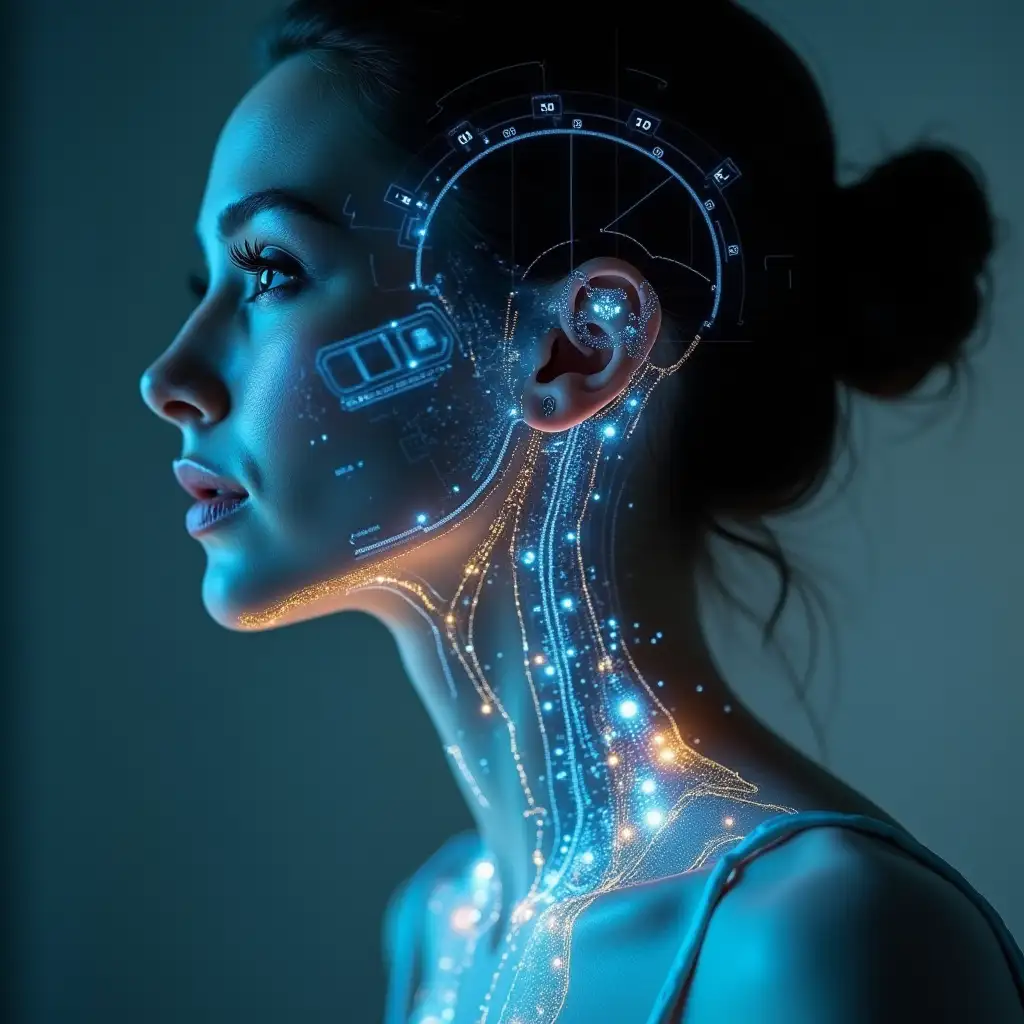 A 3D holographic projection of a woman emanates from a small, high-tech device on her neck. The projection is transparent, with blue and gold accents