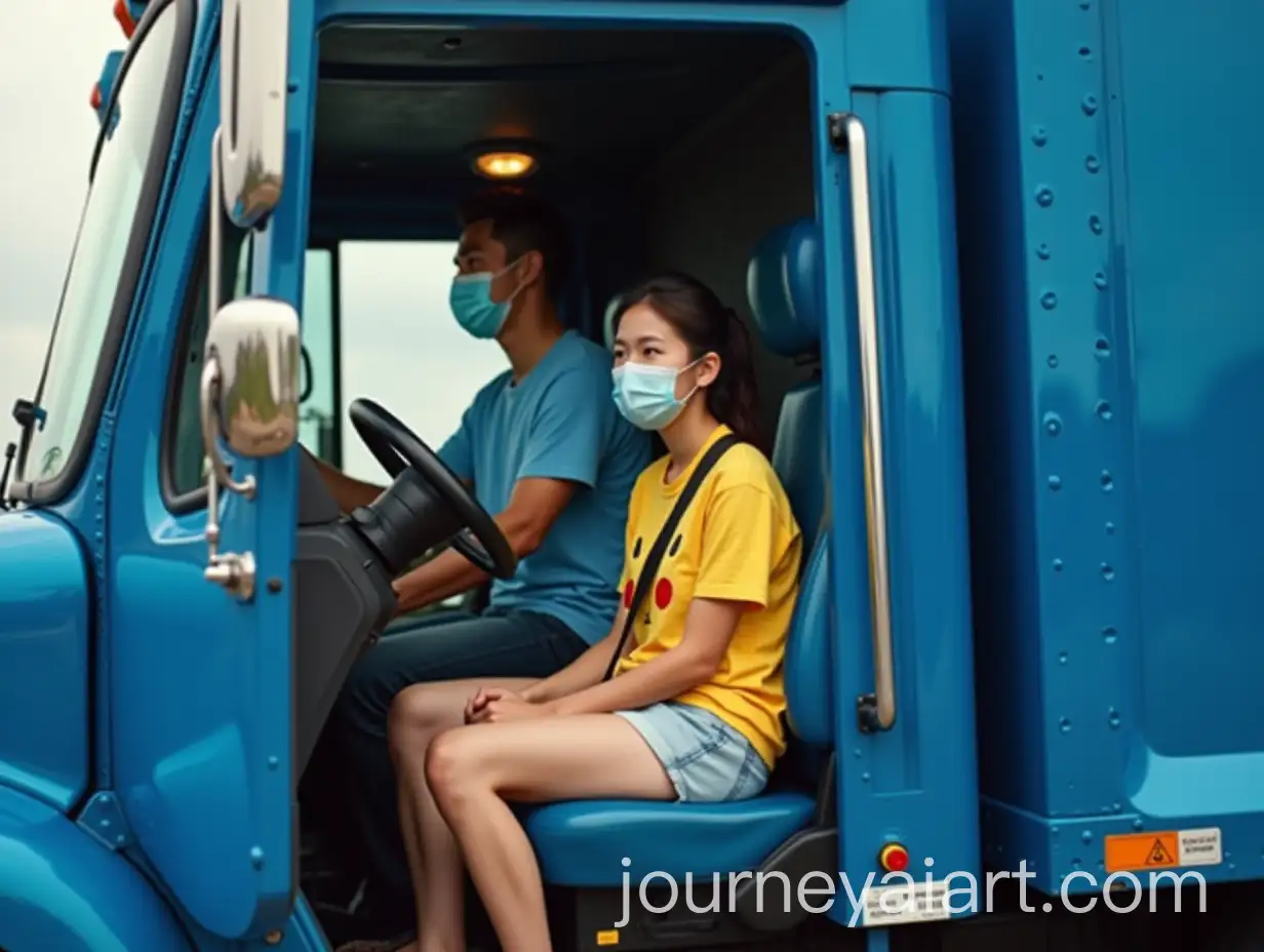 Caucasian-Woman-Enjoying-a-Ride-in-a-Blue-Garbage-Truck-Passenger-Seat