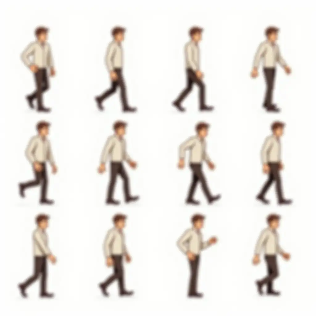 sprite sheet 4*4 of anime guy walking all actions leg and hand