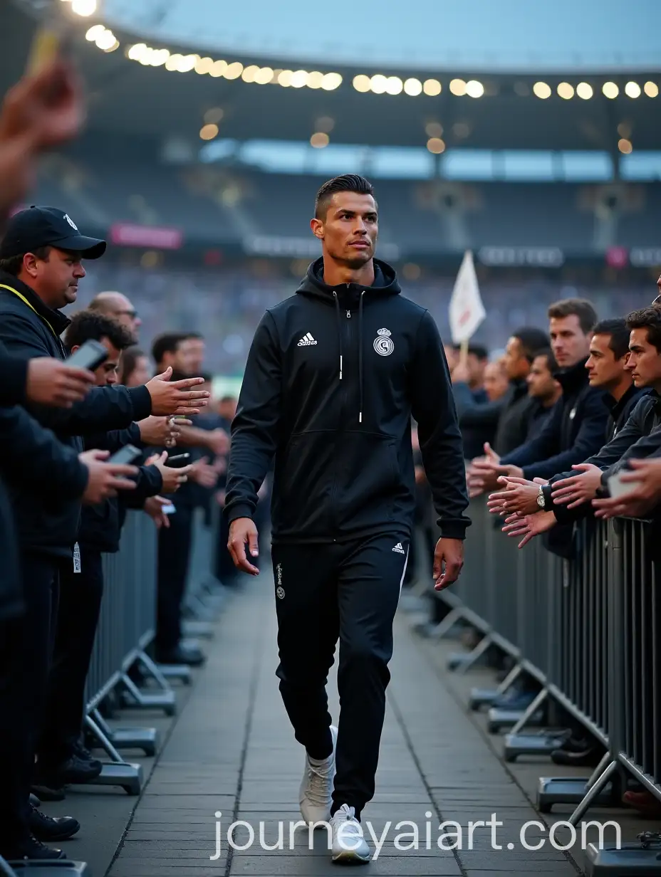 Cristiano-Ronaldo-Walking-Towards-Stadium-Tunnel-with-Fans-and-Security-Guards